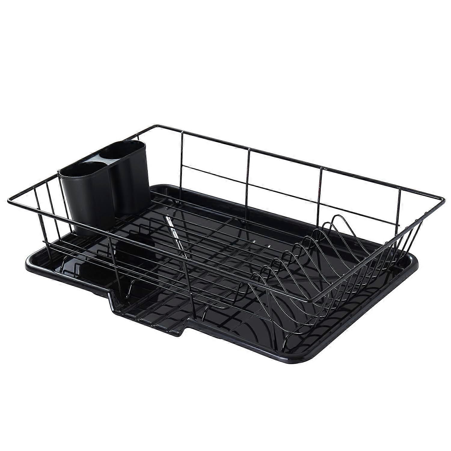 Dish Drying Rack 3Piece Black Set with Drain Board and Removable Cutlery Holder for Kitchen