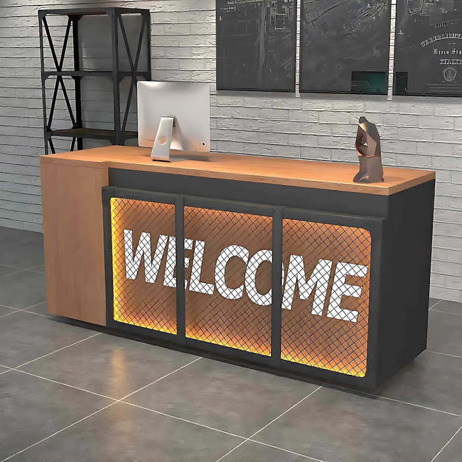 Solid Wood Reception Desk 108 Inch with Hidden LED Lighting and Storage Drawers for Office