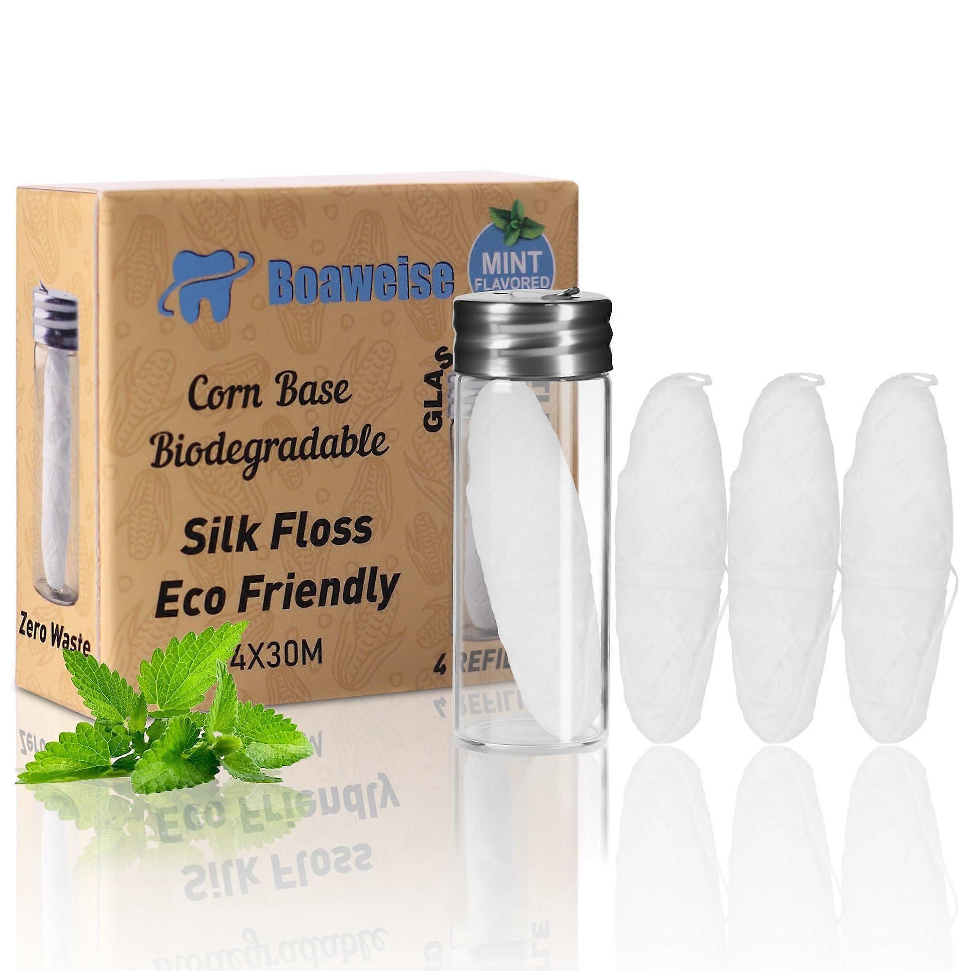 Biodegradable Dental Floss Corn Based with Refillable Glass Container 30M x4 Refill Natural Mint Vegan