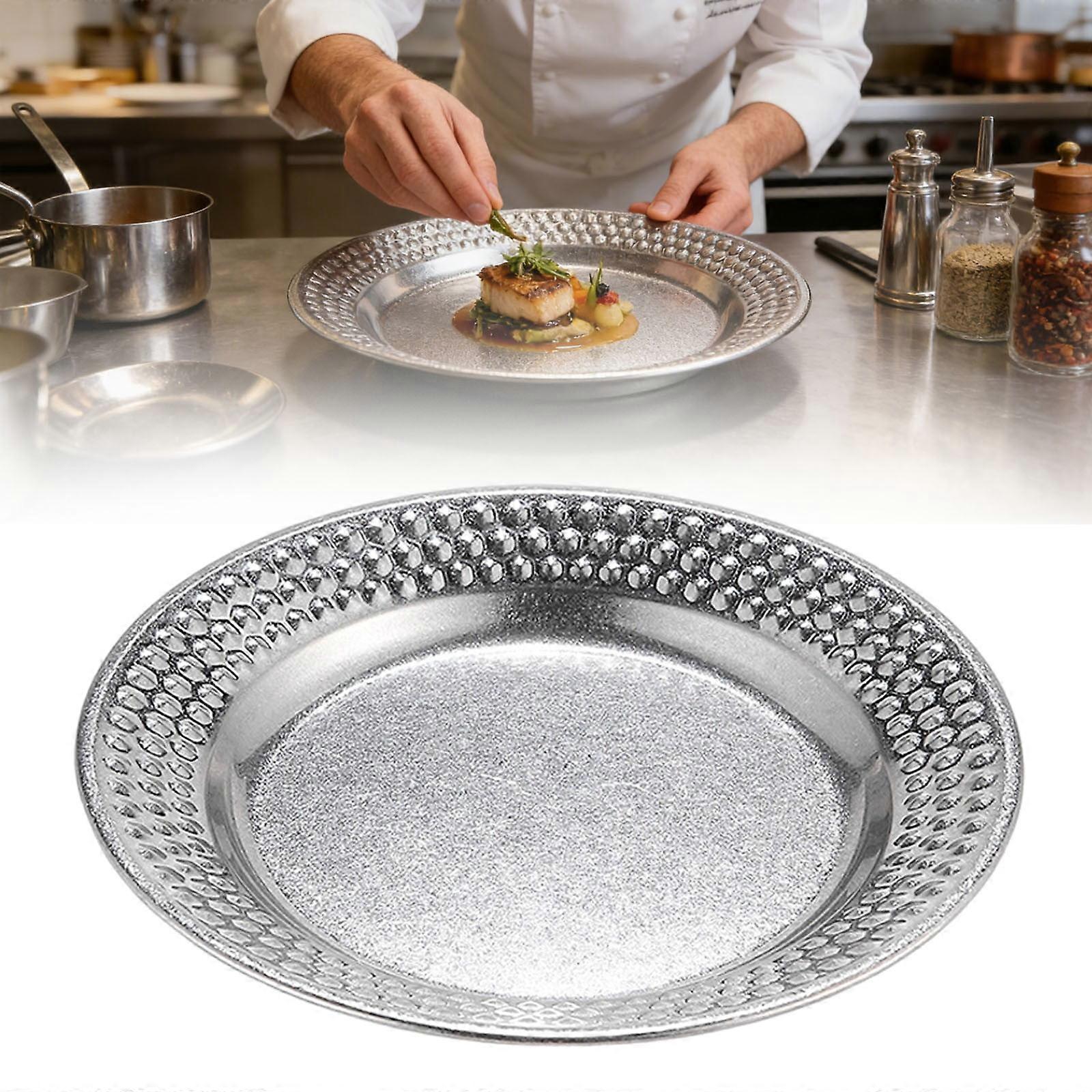 Dinnerware Sets,Stainless Round Plates With Hammered Texture For BBQ And Restaurant Serving Stackable And