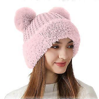 Gebreide muts met bontpompon voor dames en meisjes, dikke wintermuts, warme fleecegevoerde muts, schattige roze M
