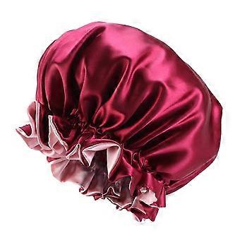 Satin Haube Schlafhaube Mütze Double Layer Schlafhaar Haube Wein Rot-2025