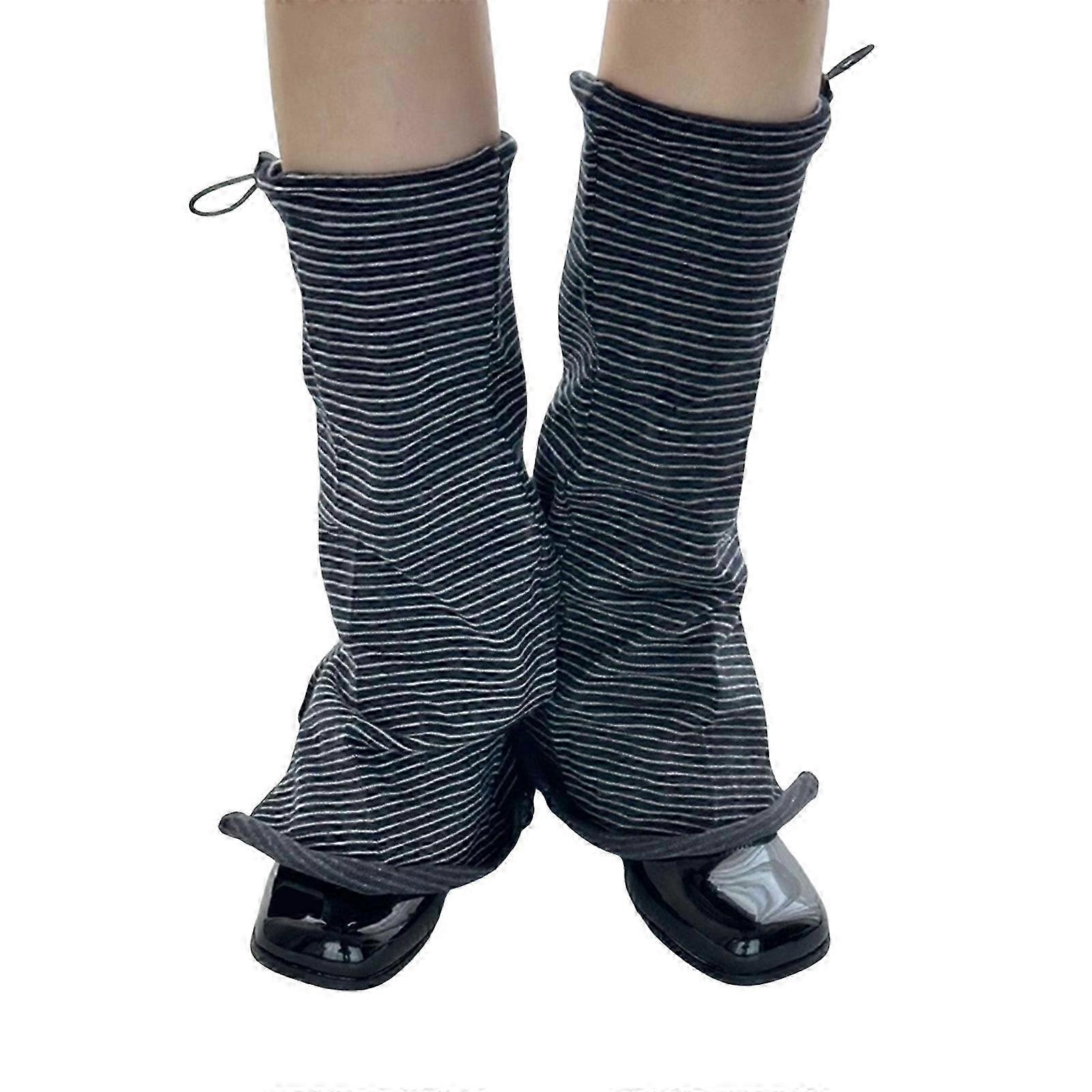 Women's Striped Side Split Leg Warmers with Drawstring - Black