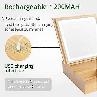 2 In 1 Bamboo Lighted Makeup Mirror With Lights And Storage - Desk Mirror With 3 Color Lights - Rechargeable Touch Screen Adjustable Lighted Cosmetic