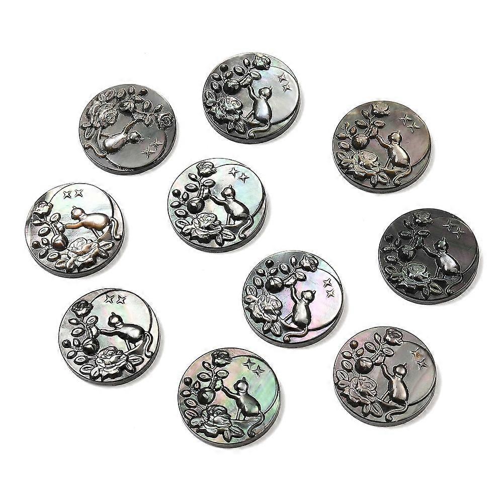 5pcs Black Lip Shell Carved Cabochons Flat Round Cat Shape 15x3mm