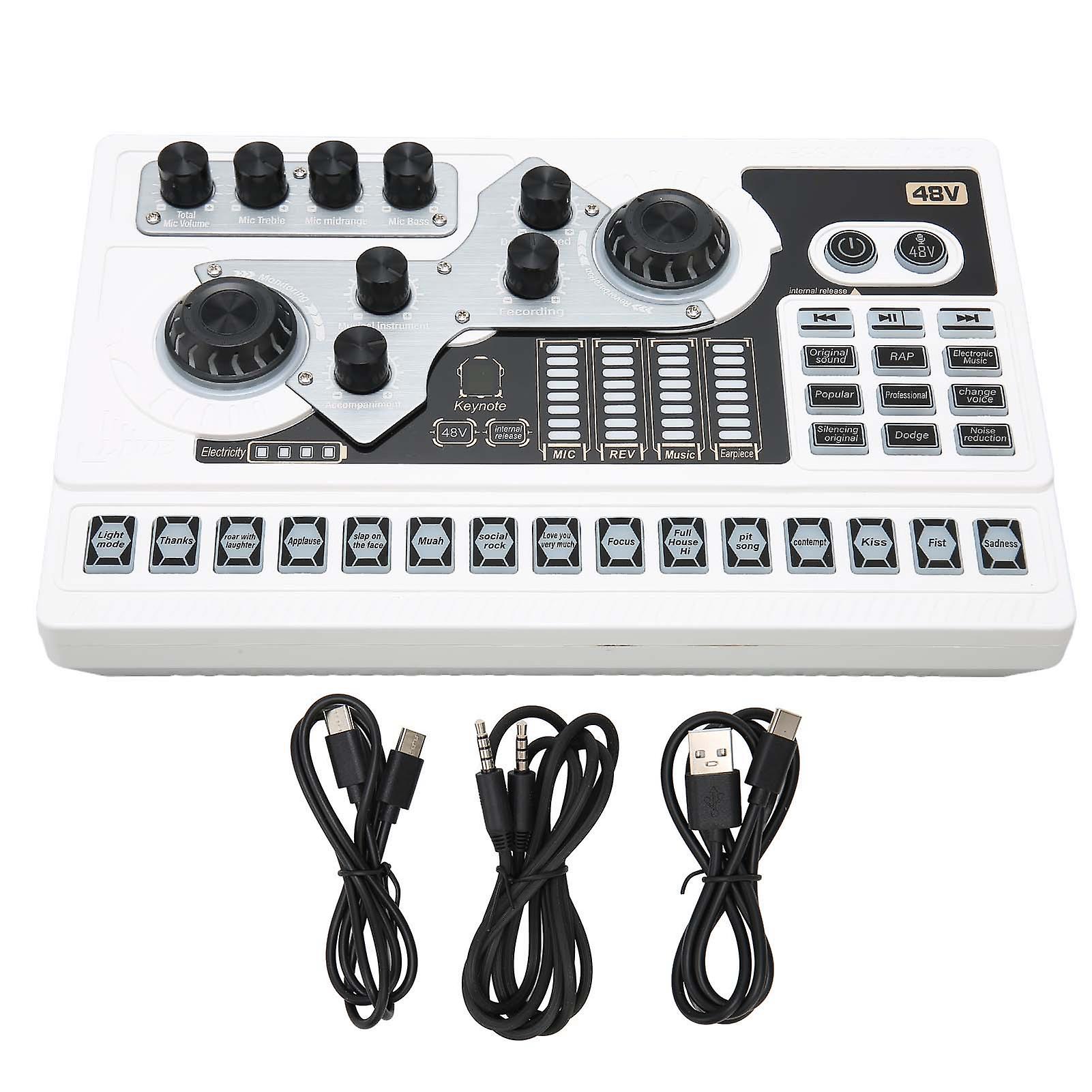 Live Sound Card Bluetooth 5.0 Noise Reduction Voice Changer Sound Mixer Board with RGB Light for Broadcast Karaoke White