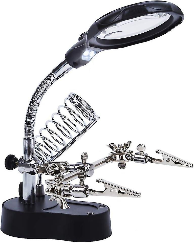 Welding magnifier assistant with LED light, clamps, and alligator clips for assembly, repair, and modeling.
