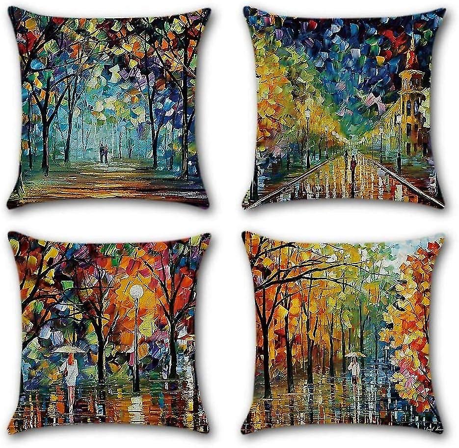 4pcs Cotton Linen Maple Runner Painted Pattern Decoration Pillow Case Sofa Bedroom Home Decoration 4