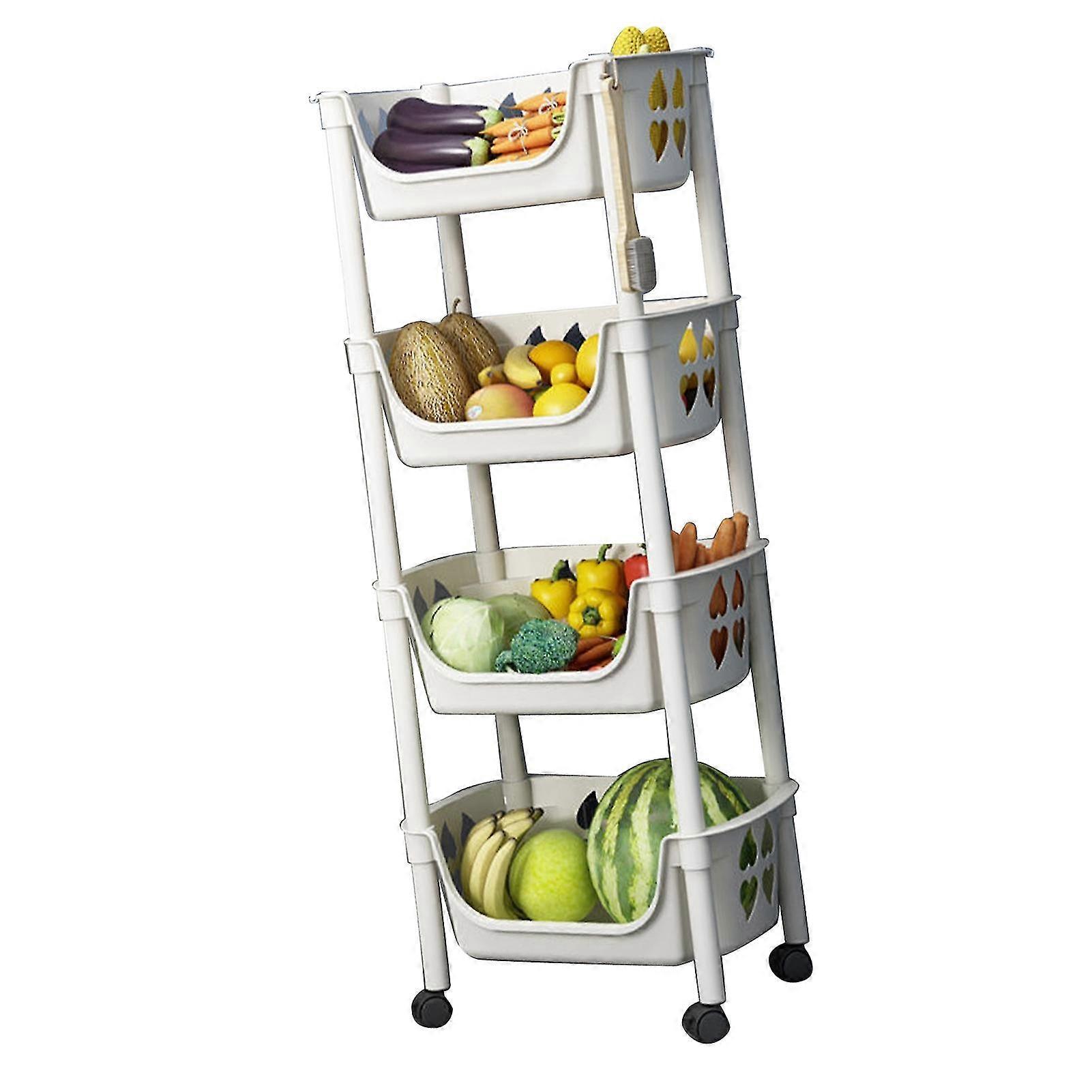 Kitchen Storage Shelf Multi Tier Utility Cart with Wheels for Snacks Fruits Vegetables 4 Layers Beige