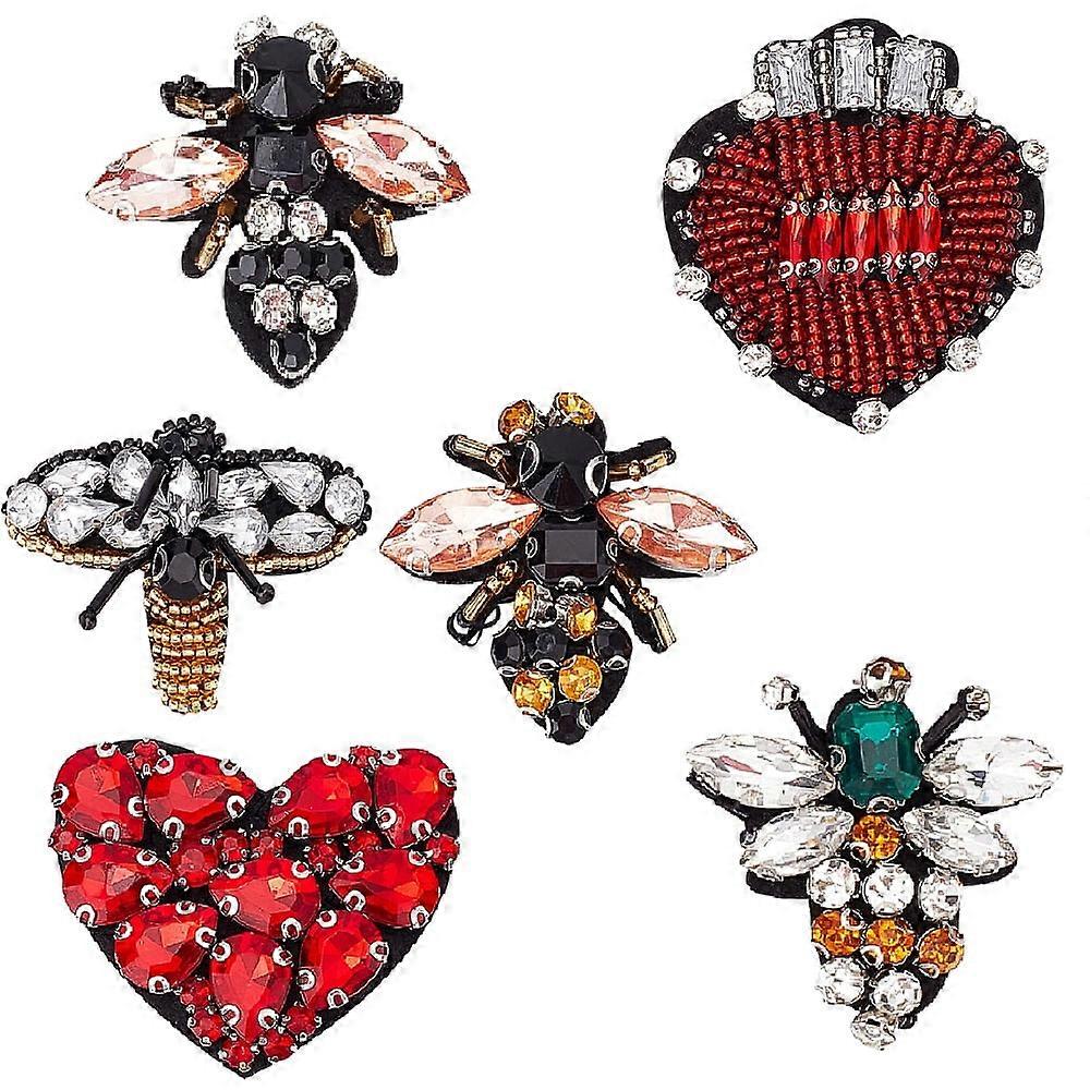 6Pcs Beaded Rhinestone Patches Heart Bee Shape Crystal Applique Fabric Iron on Patches