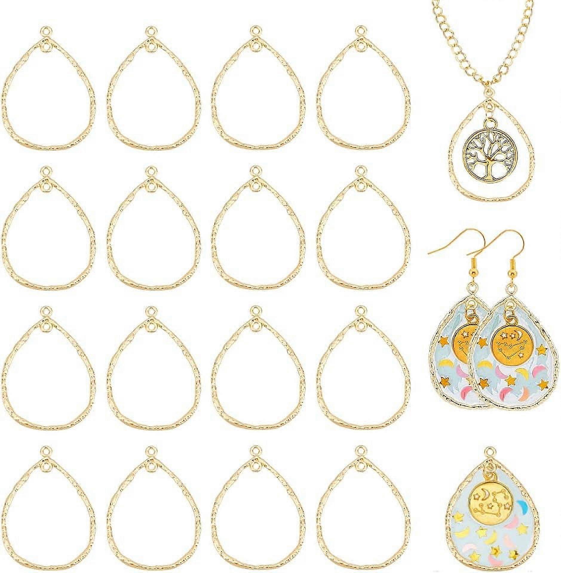 20Pcs Teardrop Bezel Pendant Alloy Open Back Bezel Pendants Hollow Pressed Flower Blank Frame Connecters with 2 Loops for DIY UV Resin Jewelry Making 