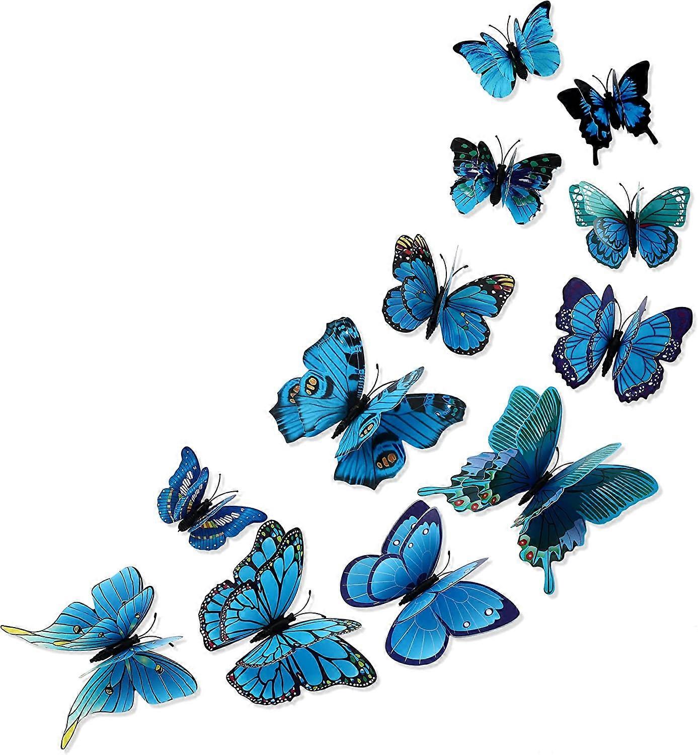 Removable 3D Butterfly Mural Sticker Decoration (Double Layer - Blue/12 Pieces)