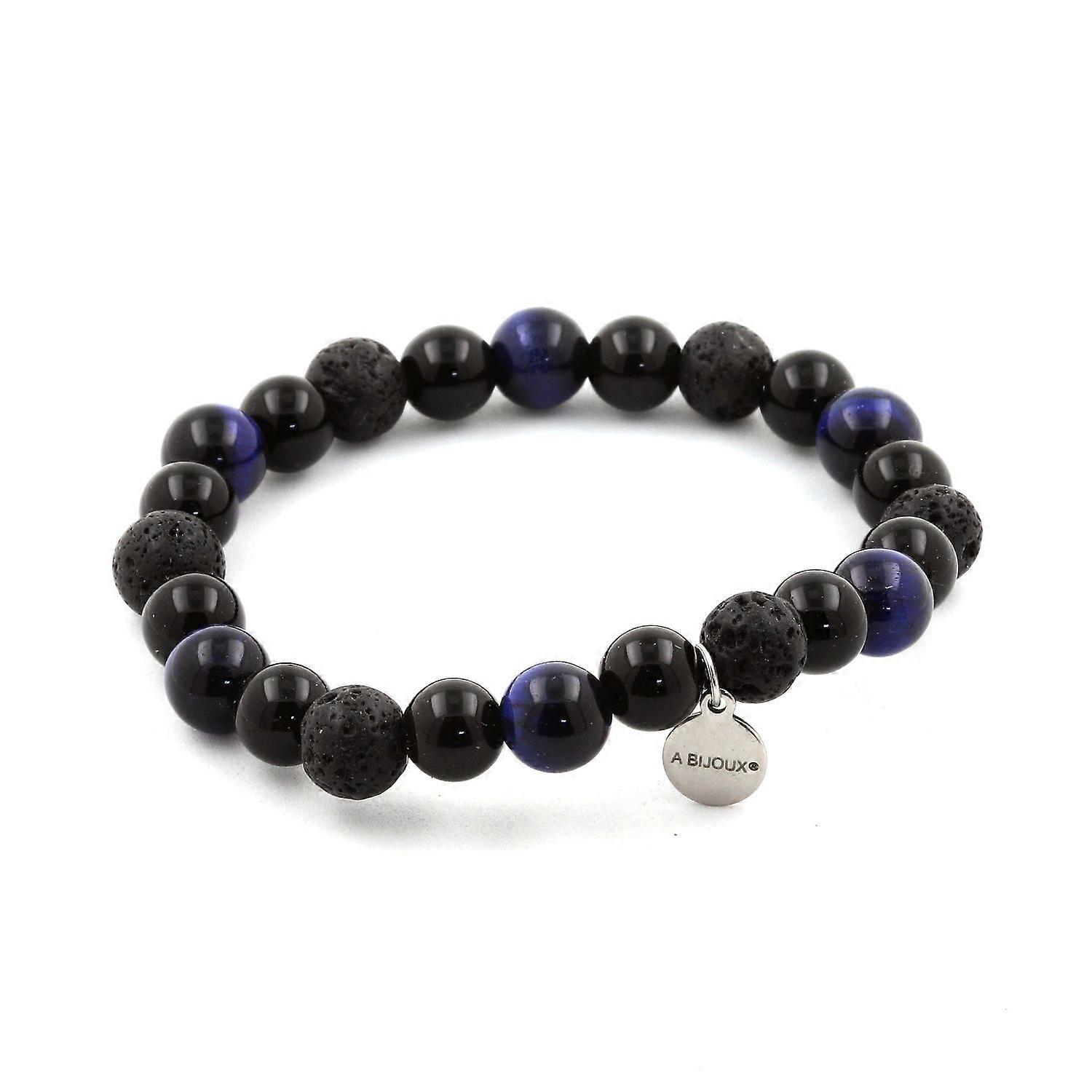 Blue Tiger Eye Beads Bracelet + Lava + Black Agate 8 mm