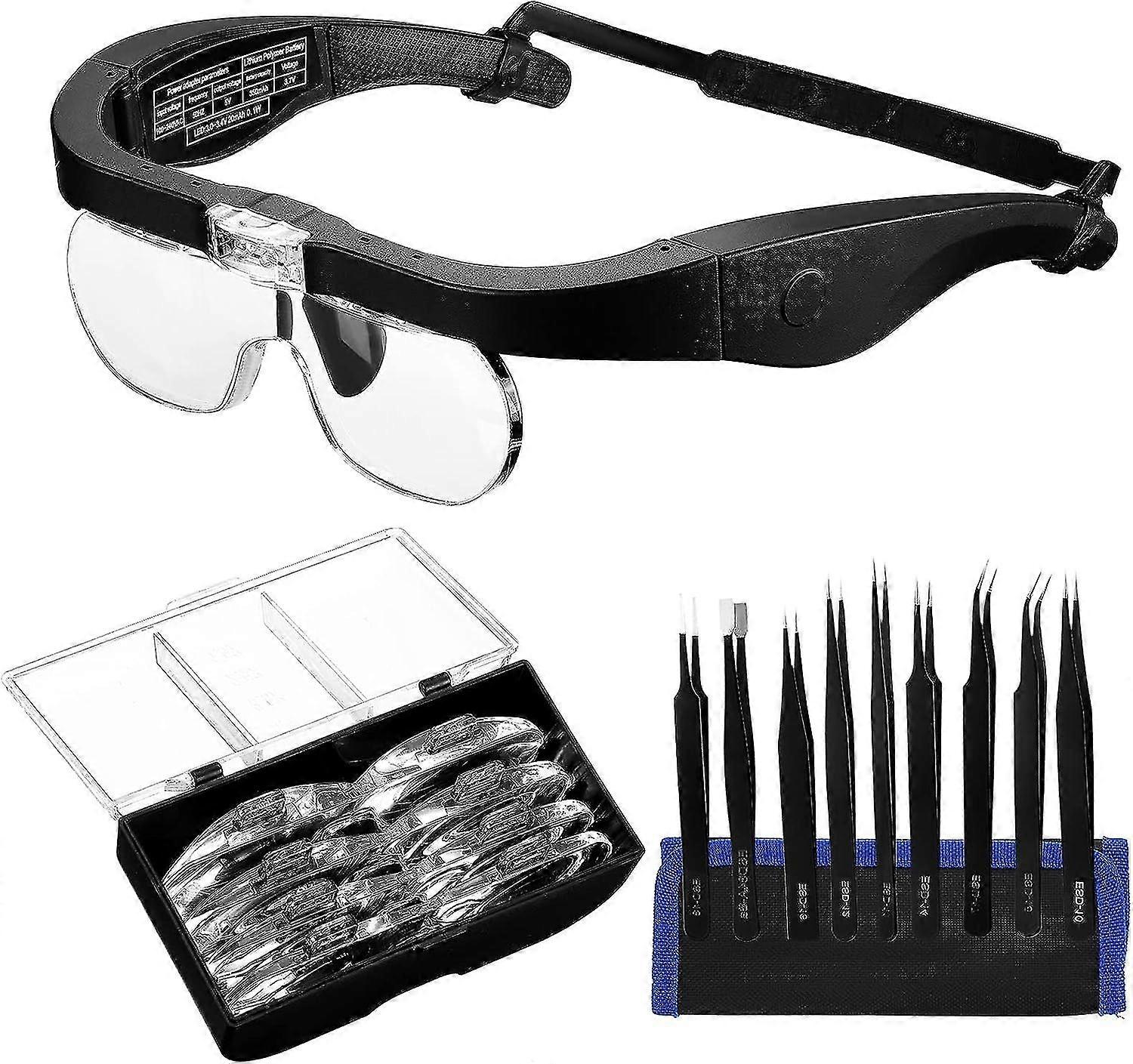 Headband Magnifier With Led Light For Jewelry Clock Electronics Repair Magnifying Glass Loupe With Precision Tweezersand 8 Interchangeable Lens: 2.5x/
