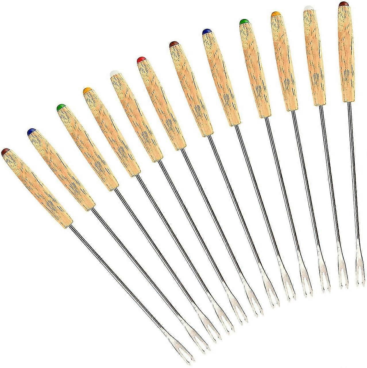 Stainless Steel Fondue Forks, Set Of 12, Roasting Sticks Marshmallow, Heat Resistant Oak Wooden Handle (24cm)