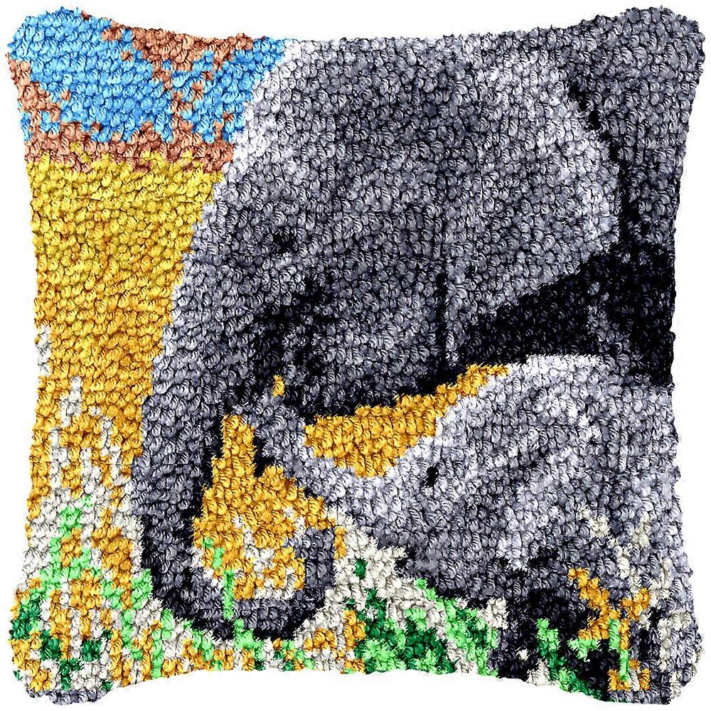elephant Latch Hook Pillowcase Making Kits, Latch Hook Kit DIY Rug Embroidery Elephant Pattern, Canvas and Embroidery Cross Stitch 43cm 43cm - Latch
