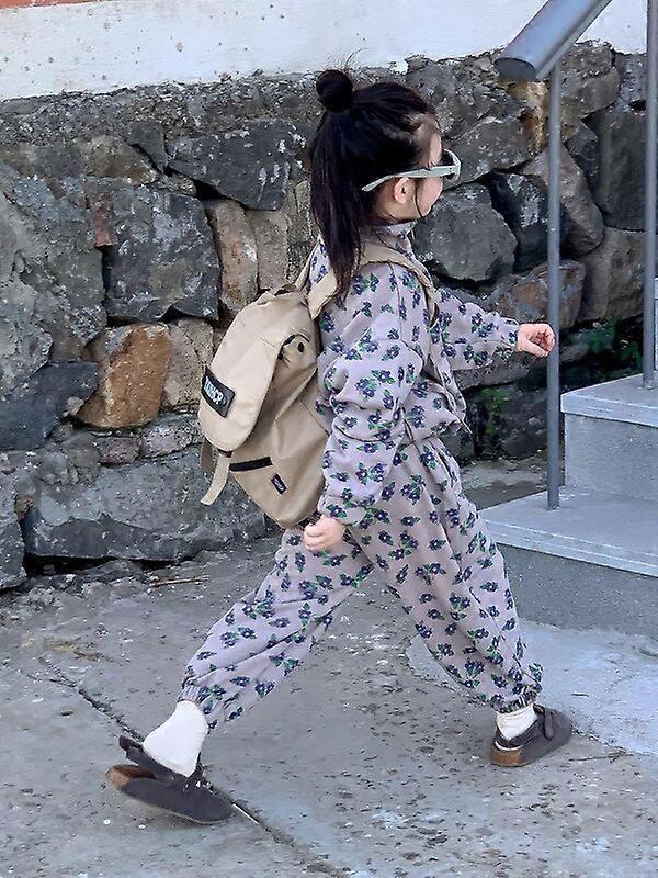 7074 סט בגדי ילדים סתיו קוריאנית מלאה פרחים מודפסים חליפת ילדה מעיל רוכסן פנאי + מכנסיים סט שני חלקים של ילד