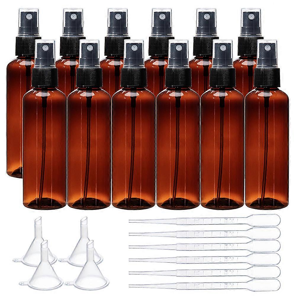 12 Pack 100ml Amber Brown Plastic Fine Mist Spray Bottle with Black Caps 4PCS Plastic Funnels 6PCS 2ml Plastic Droppers for Liquids Essential Oils for
