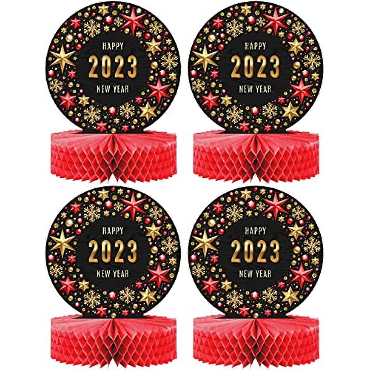 2023 Happy New Year Centerpiece Table Decorations - 4-Pack Double Sided Honeycomb New Years Decorations for Tables - Happy New Year Decorations 2023 -