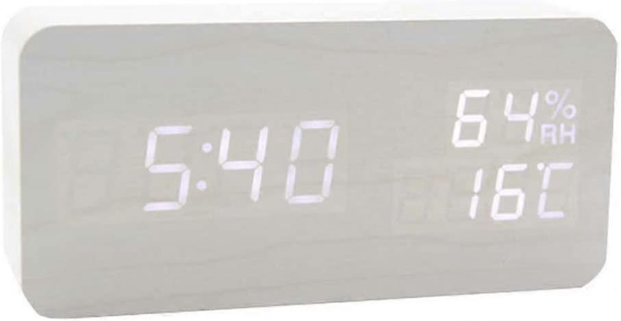 Digital Alarm Clock Wood Adjustable Brightness Voice Control LED Clock Rectangle Display Time Temperature Home Decor, White