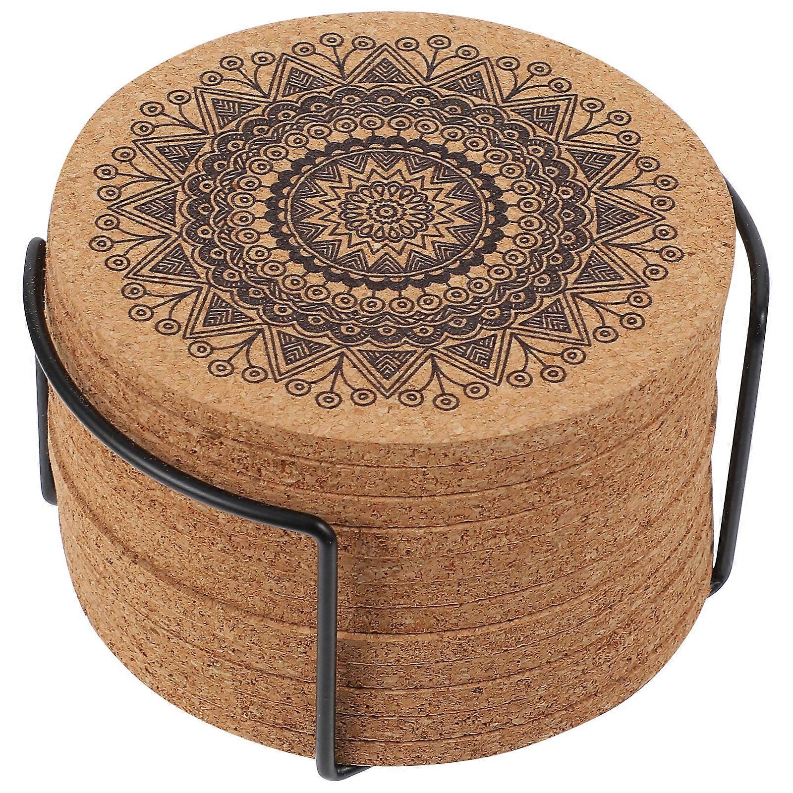 1 Set Creative Nordic Mandala Design Round Shape Wooden Coasters with Rack