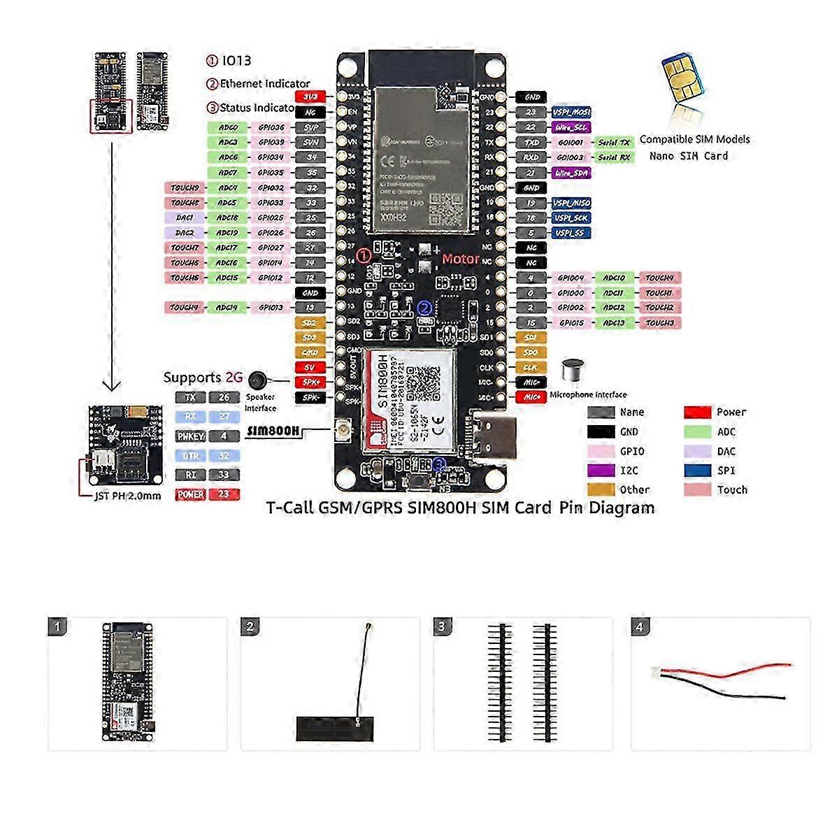Módulo inalámbrico Sim800h -callpmu Mcu32 Módulo con antena gprs Sim800h-8mb-q390