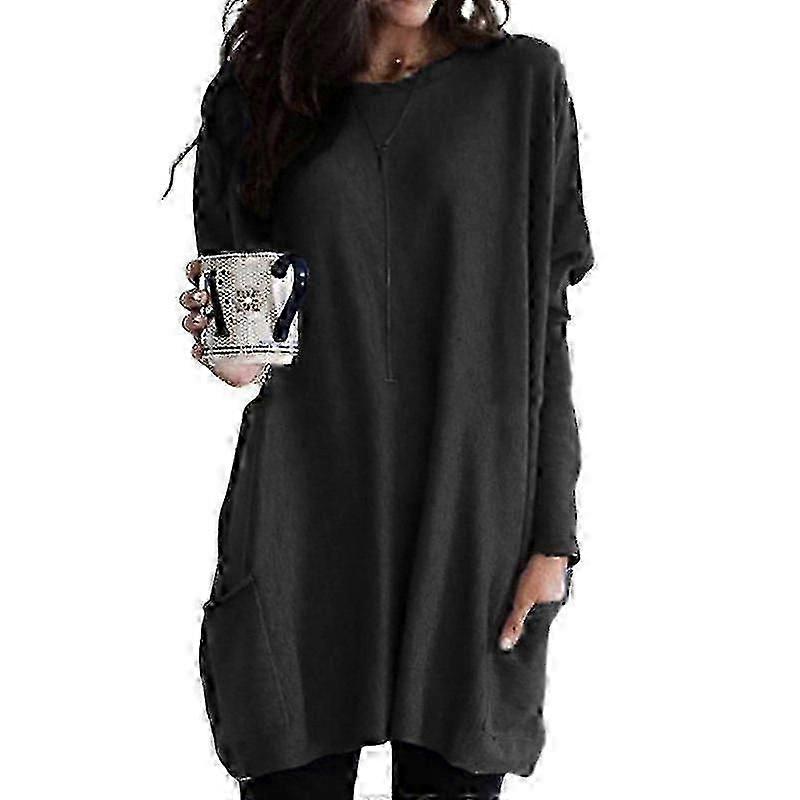 Túnica de Manga Longa Plus Size para Mulheres com Gola Redonda Moletom Leve Camisetas Casuais Oversized com Bolsos(s-5x)-Yvan