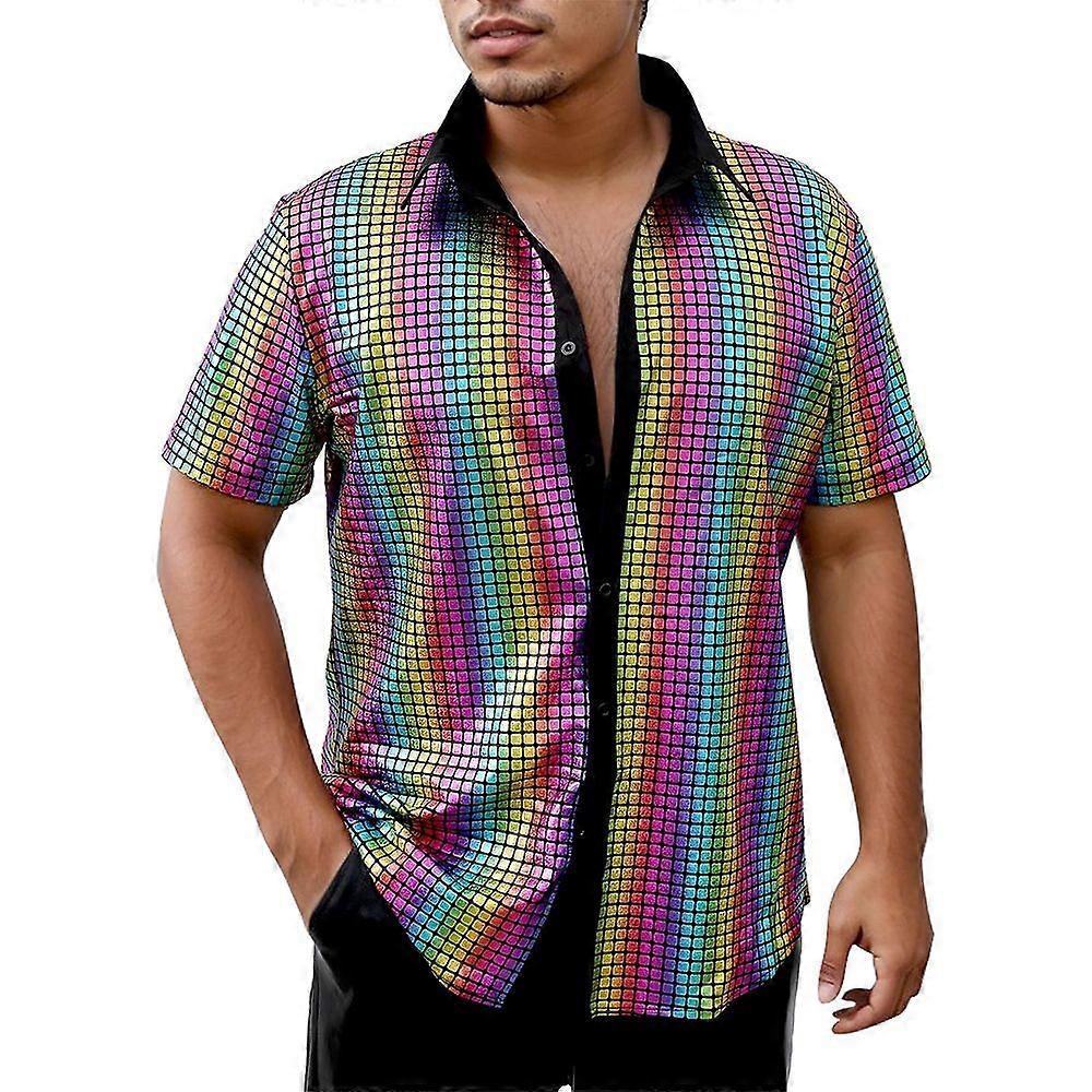 Men 70s Disco Shirts Metallic Sequins Shiny Short Sleeve Party Shirts Tops Nightclub Prom Clothes