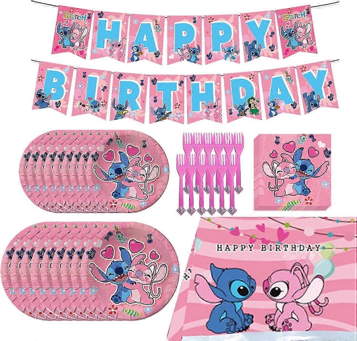 Pink Lilo and Stitch Birthday Party Supplies Set, Pink Theme Party Decoration Favors includes Happy Birthday Banner, Tablecover