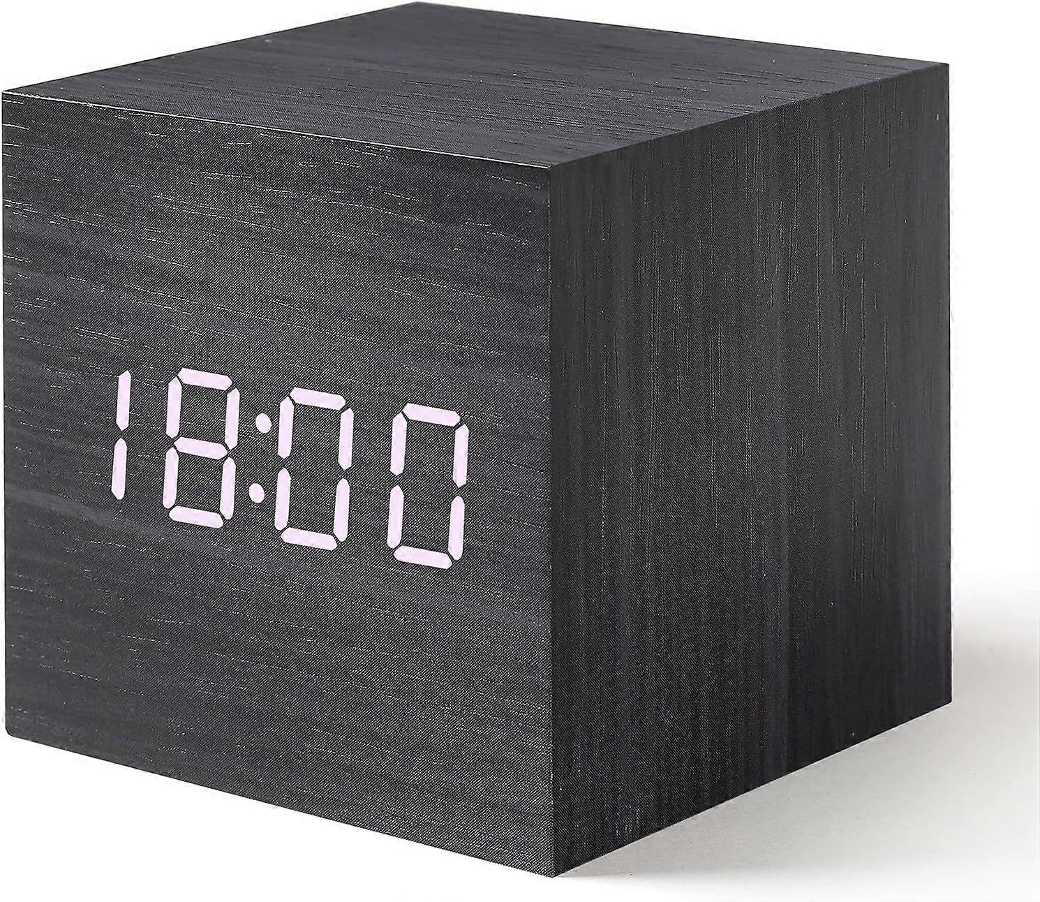 Alarm Clock 2.5 inch Mini Digital Alarm Clock, Wooden Cubic Sound-Controlled Table Clock