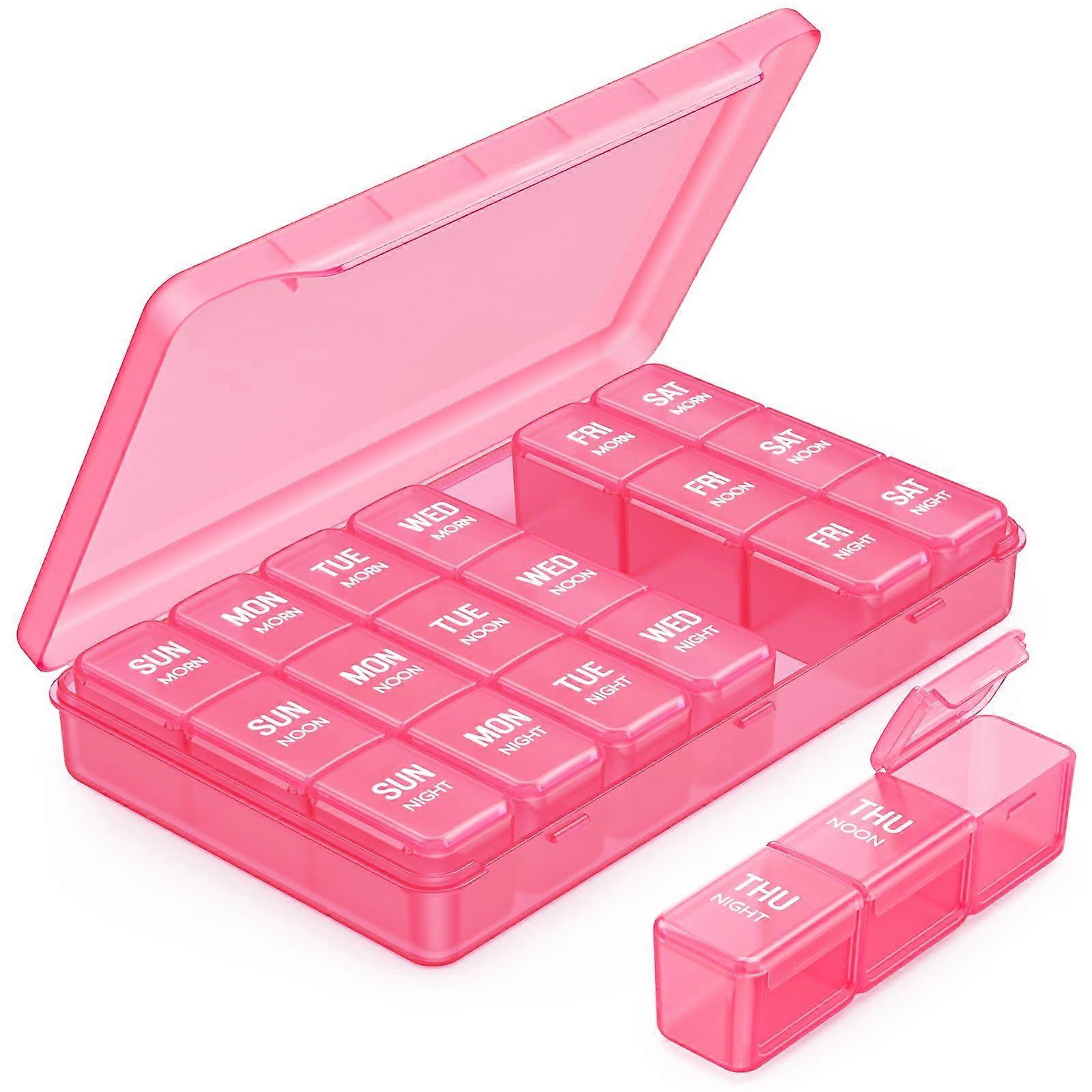 Pink Pill Organizer 3 Times a Day, Large Weekly Pill Box with Dual Protection, Portable Case for Vitamins and Medications