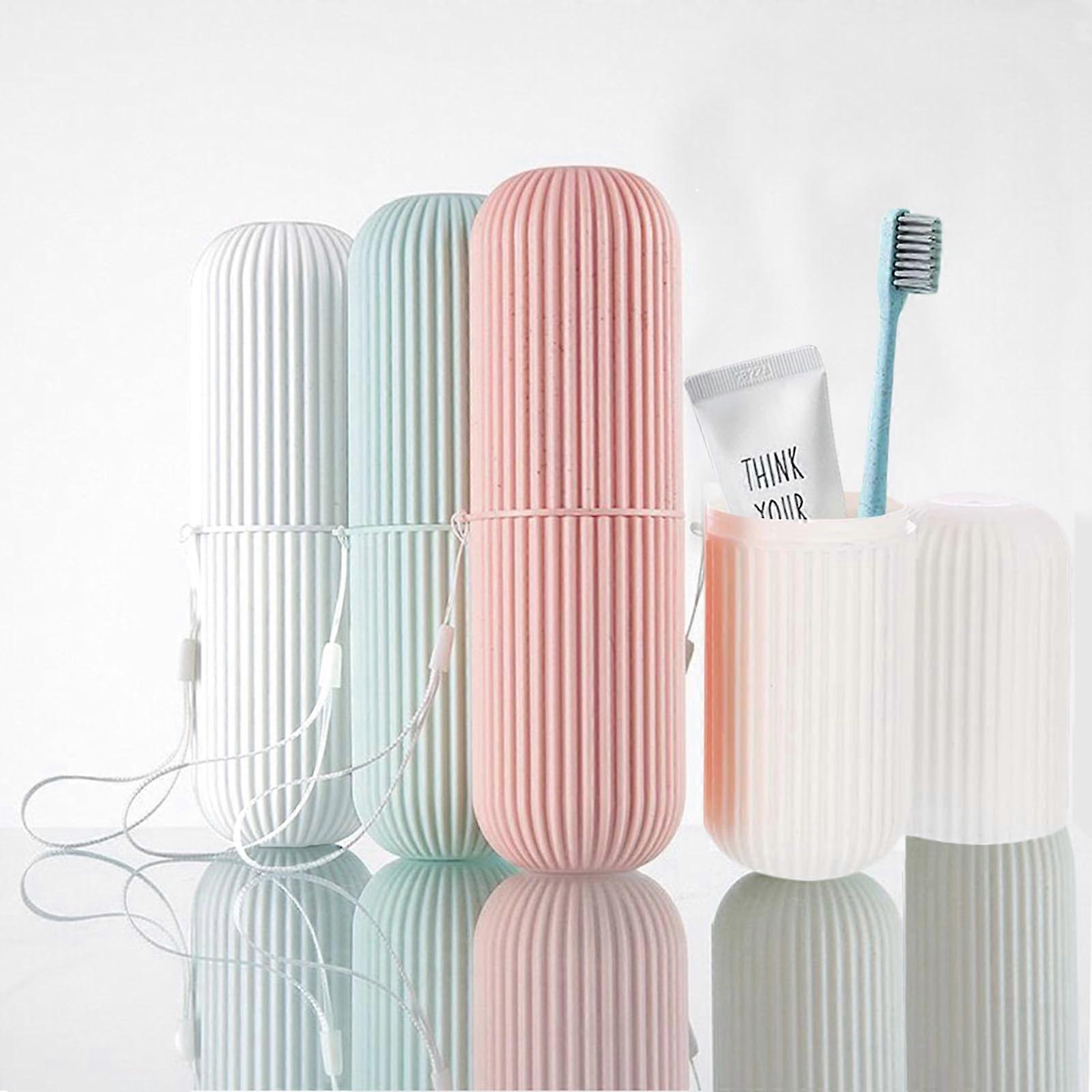 Travel Toothbrush Case Set, 2-in-1 Travel Cup with Leak-Proof Storage Containers, for Toothpaste and Makeup Brushes, Family Kit in White, Pink, Green