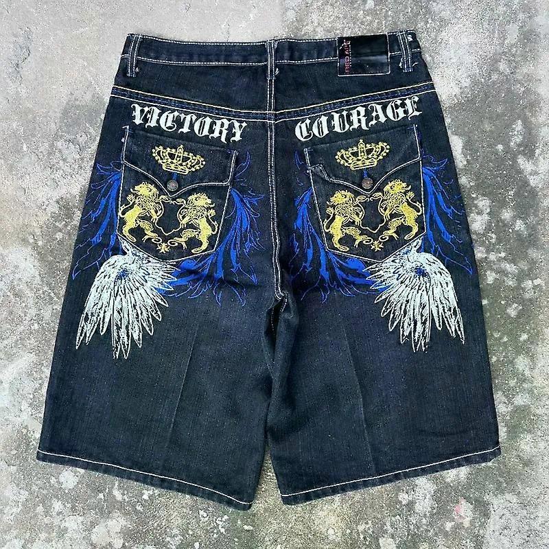 SStreetwearファッションヴィンテージウィングレター刺繍パターンバギージーンズショーツ男性Y2K新しい原宿ゴシックレジャースポーツショーツ