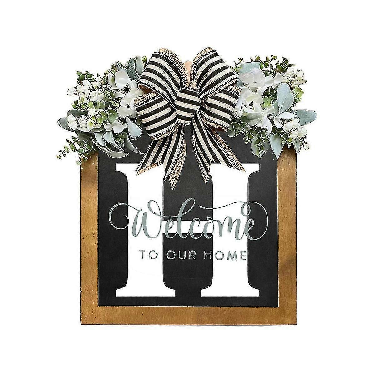 Unique Last Name Year Round Front With Bow, 16inch Welcome Sign Garland Farmhouse Wreath H