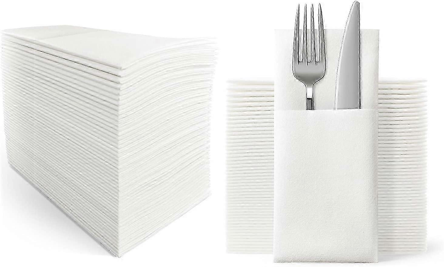 Disposable Cloth-Like Dinner Napkins with Flatware Pocket, 50-Pack, White, Prefolded for Silverware