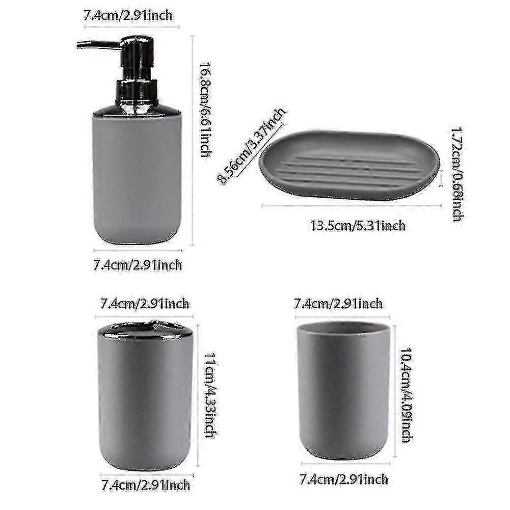 طقم ملحقات حمام من 4 قطع مع موزع صابون ، حامل فرشاة أسنان ، طبق أسنان وصابون (رمادي -