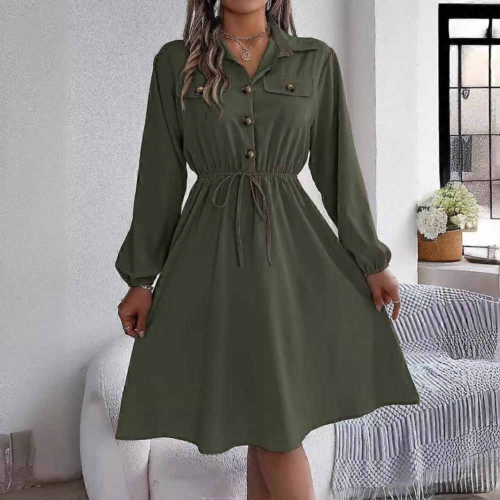 Autumn and Winter Casual Buttoned Waist Long-sleeved Shirt Dress