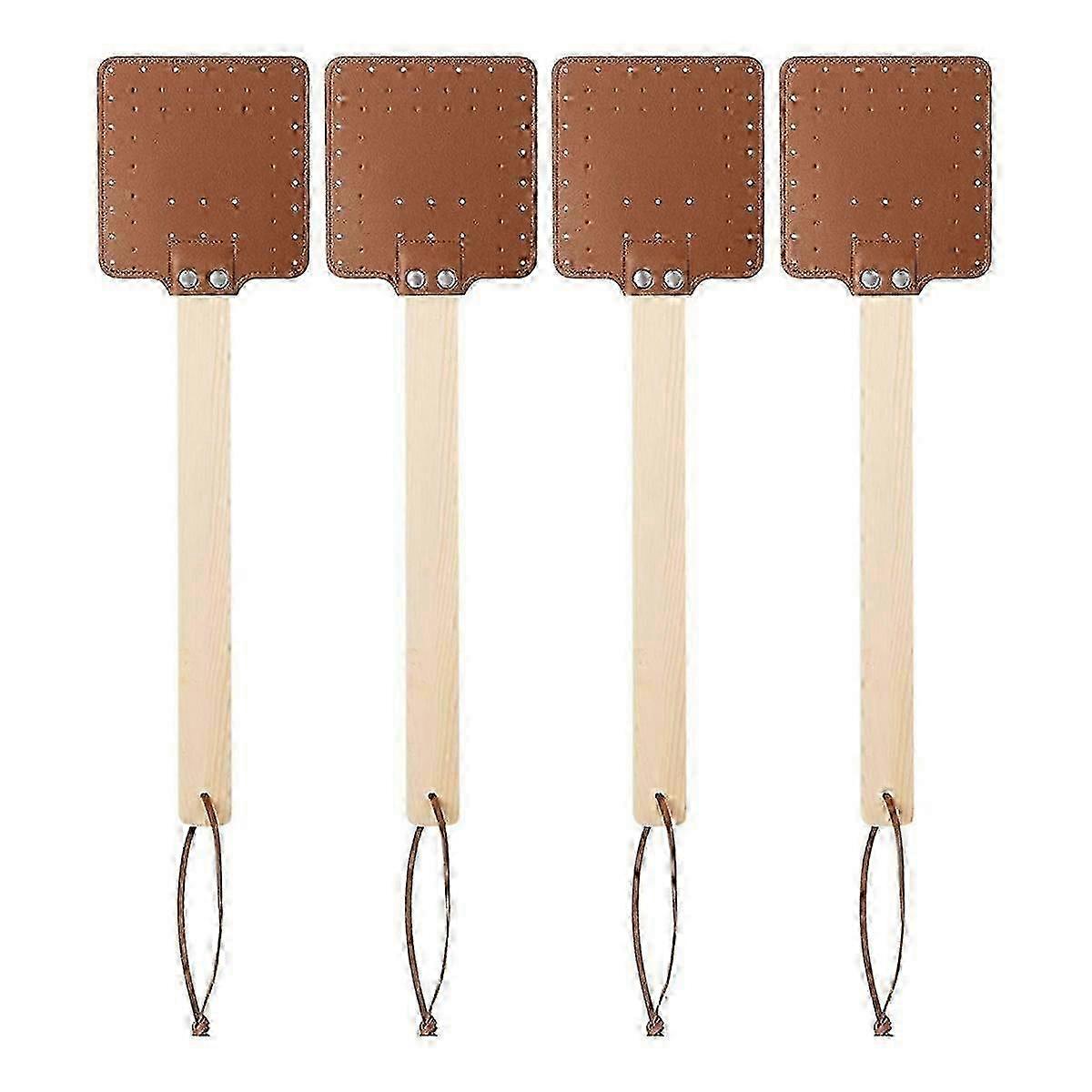4Pcs 17.3" Leather Fly Swatter with Wood Handle - Brown Bug Swatter