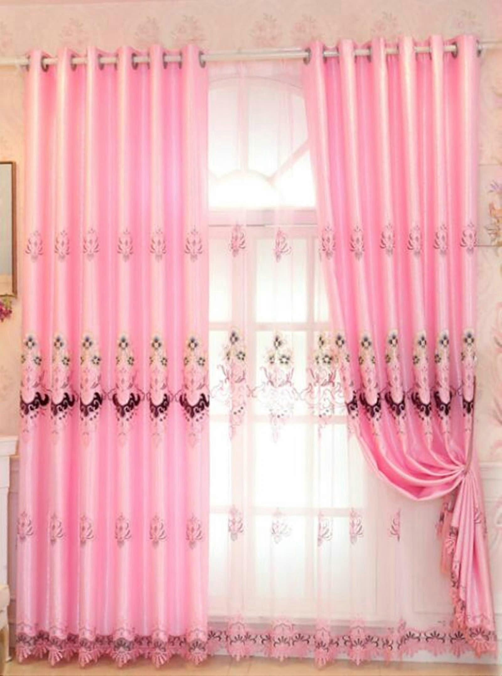 Bett Vorhang Rosa Verdunkelung 2er Pack Blumen Bestickt Polyester H138 x B96 cm Schlafzimmer Gardinen Set