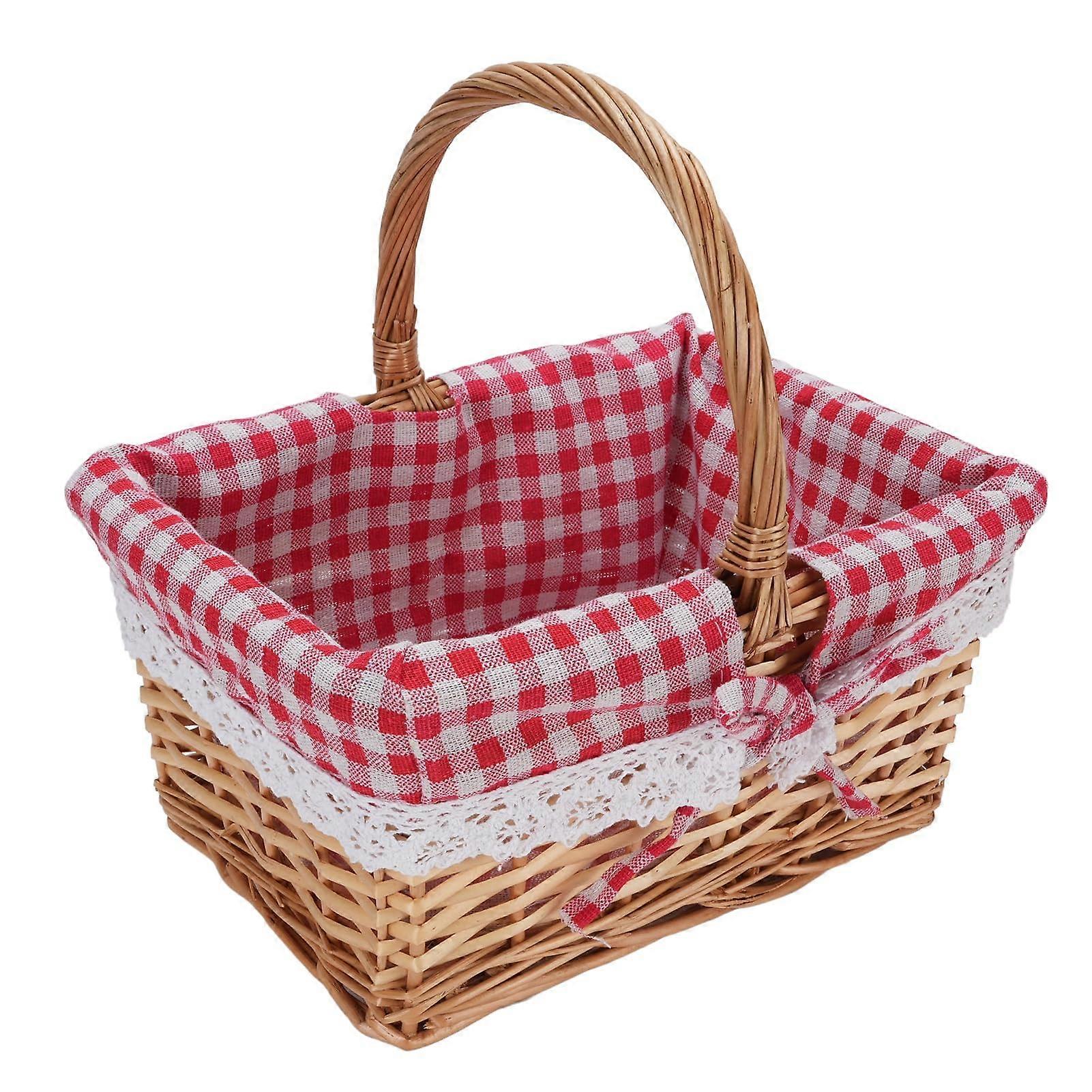 Vintage Handwoven Oval Picnic Basket with Liner, Spacious Red Plaid Design, Rounded Handles and Elegant Details