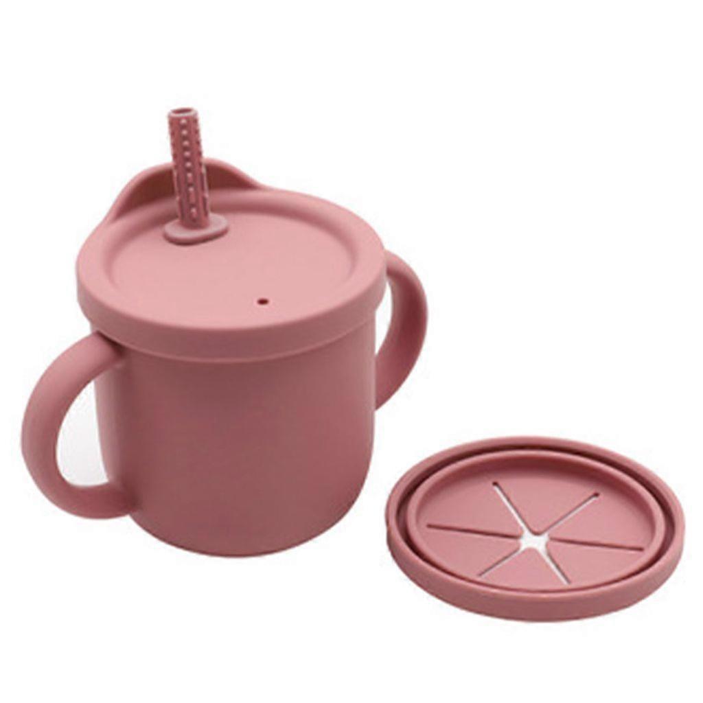 Toddler Silicone Drinking Cup with Straw & Handle - Dark Pink