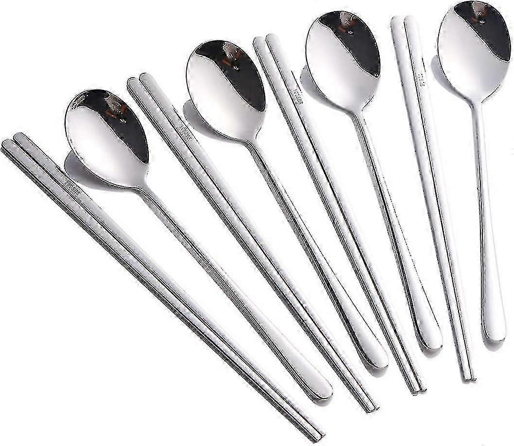 Set di posate da 4 pezzi con cucchiai e bacchette, utensili in acciaio inossidabile per cene asiatiche (8 pezzi totali in finitura argento)