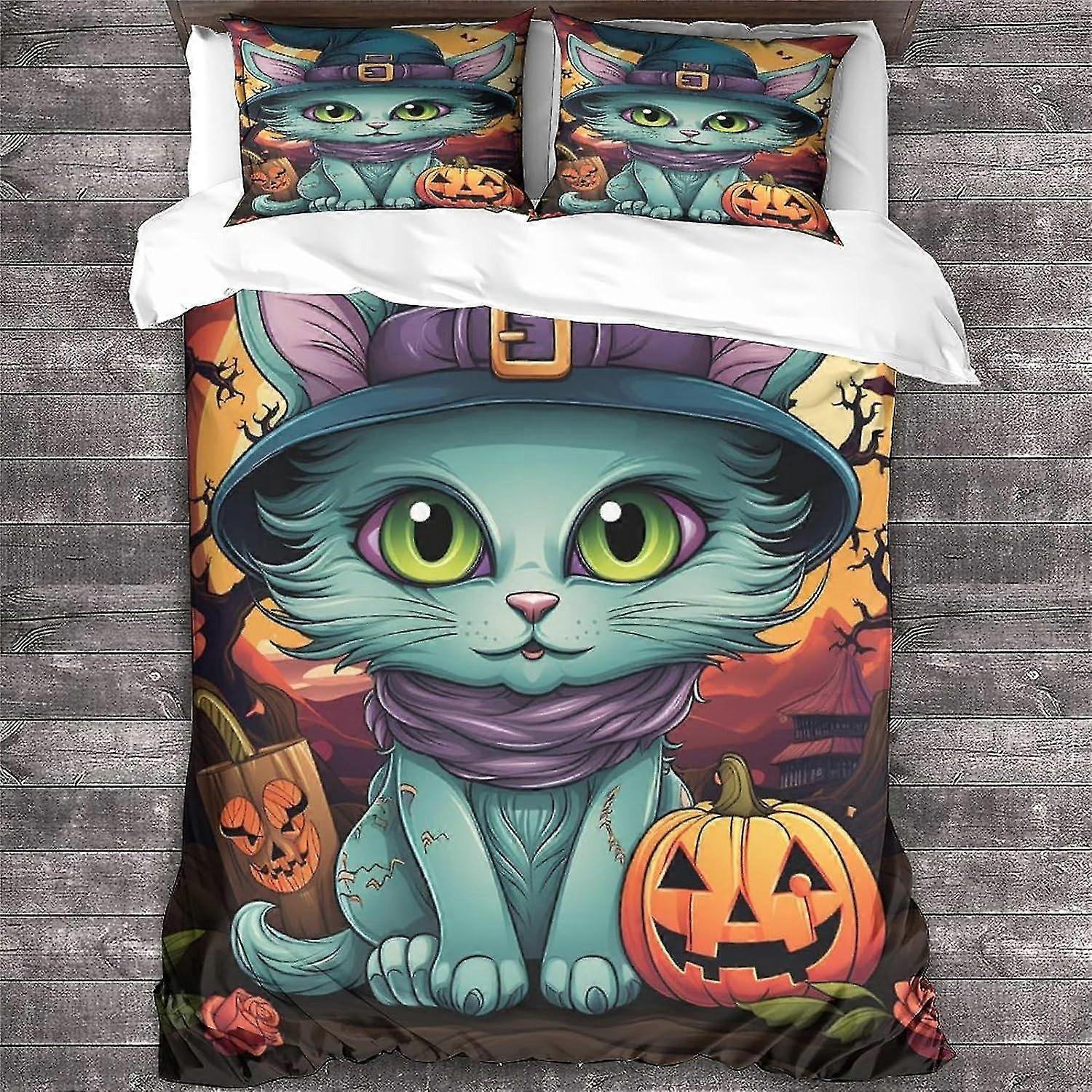 3D Animal Printed Duvet Cover with Zipper Closure for Halloween, King Size Cat Bedding