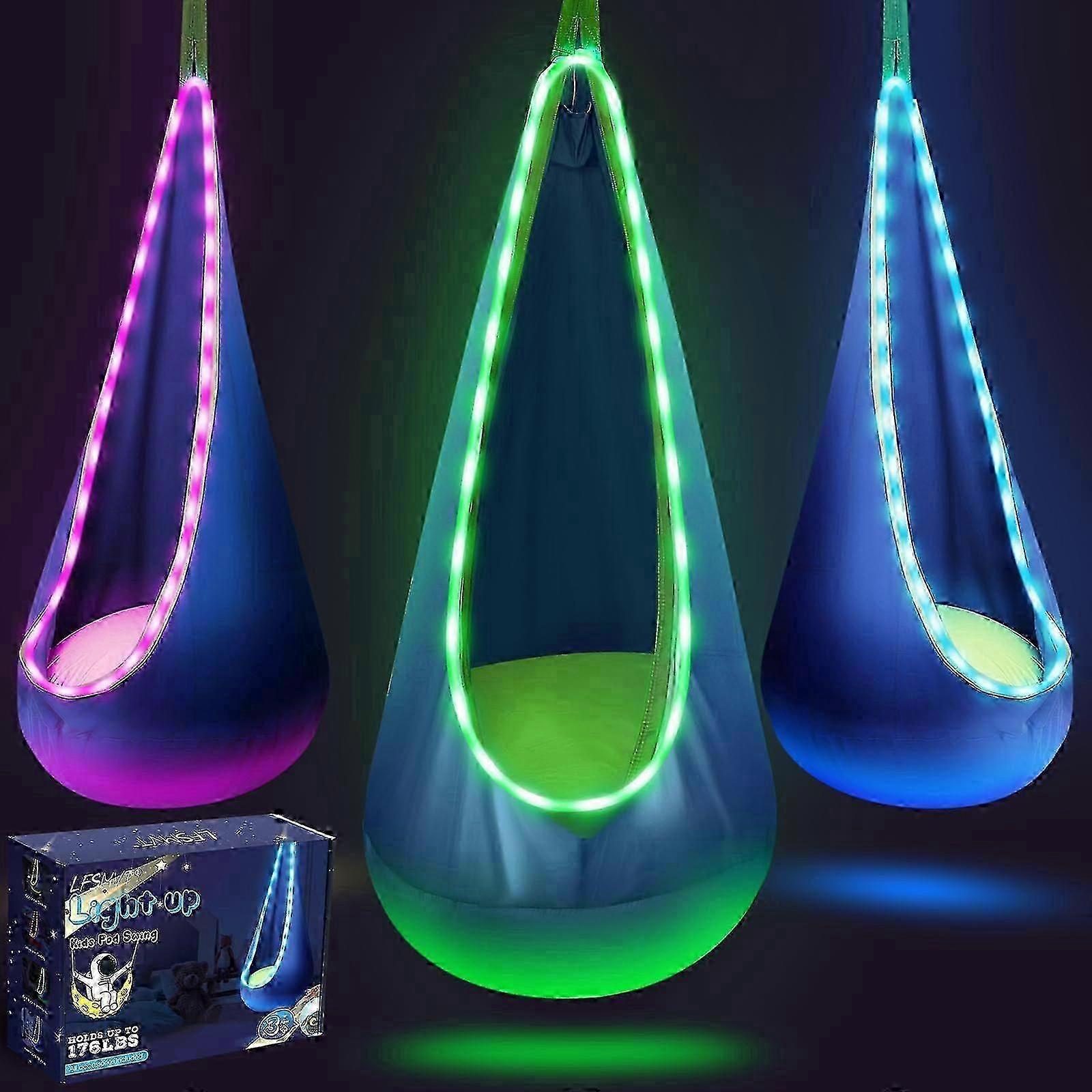Light Up Kids Pod Swing Seat, Upgraded Hanging Hammock Swing with LED Lights, Cotton Pod Swing Chair (Blue)