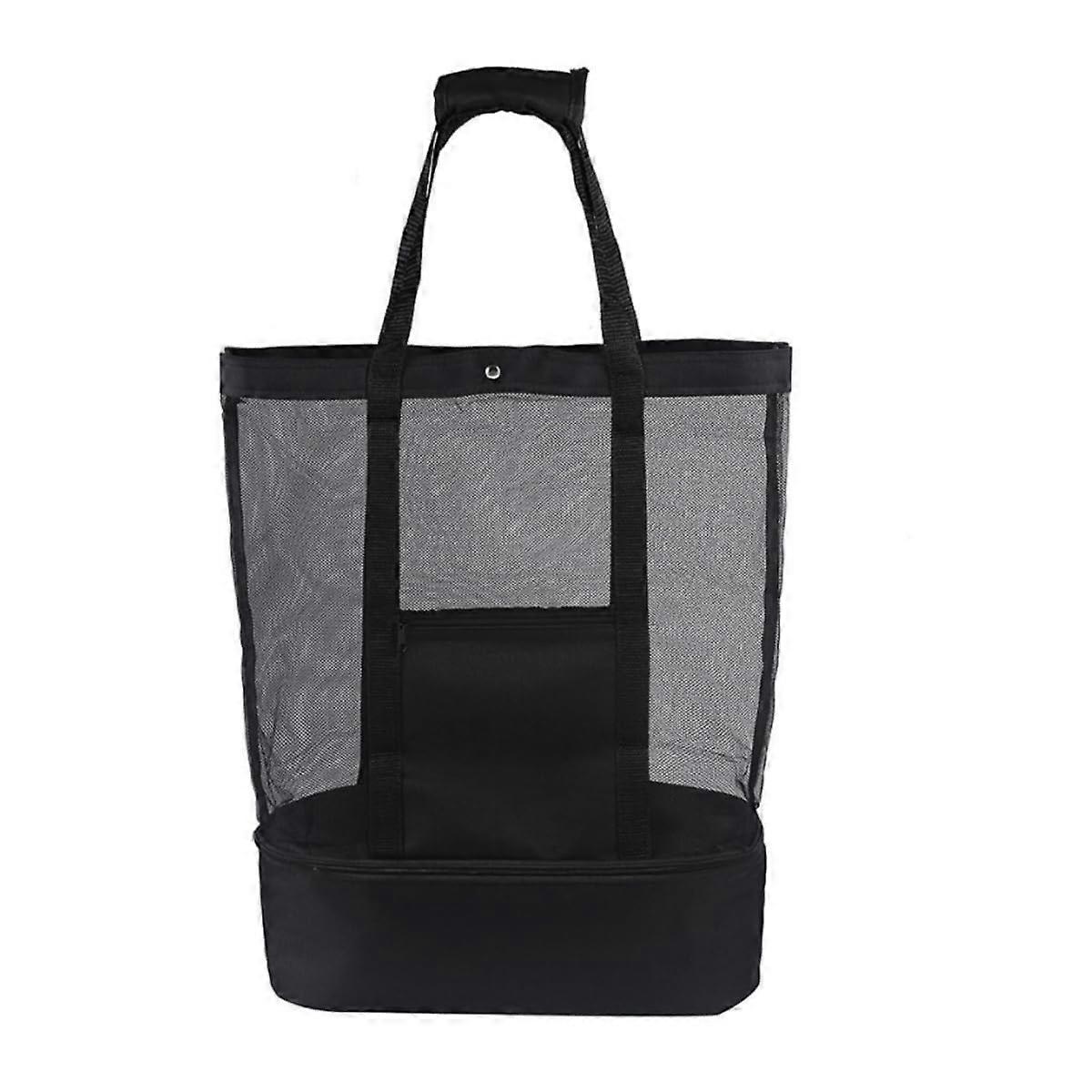 Beach Tote Bag with Detachable Cooler for Travel, Insulated Mesh Picnic Organizer, Foldable Black Storage Bag for Wet and Dry Separation