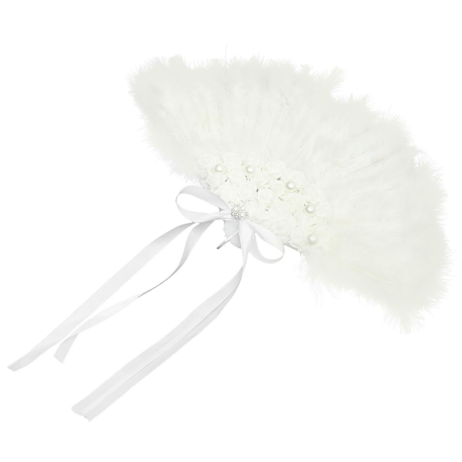 White Lace and Plume Folding Fan for Decor Elegant Hand Held Fan for Weddings and Performances 9 Inches