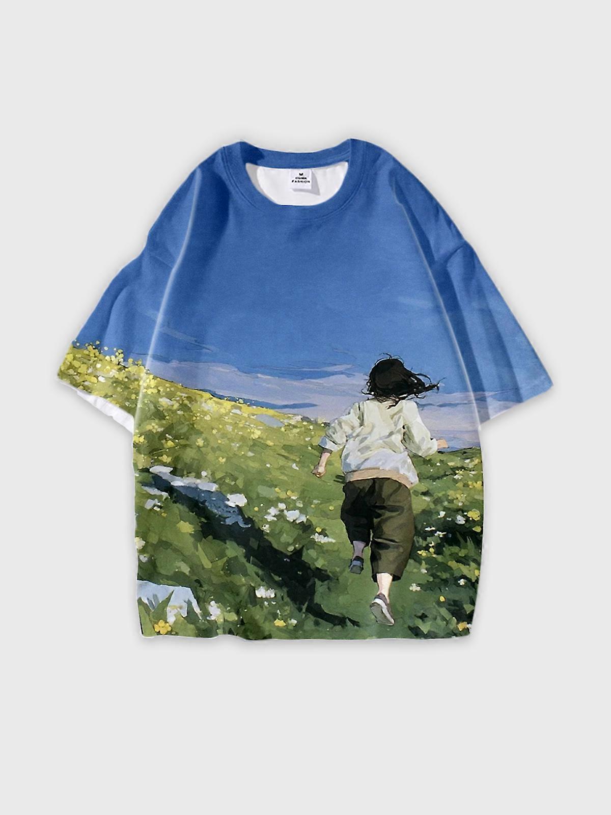 T-Shirt Round Neck, Loose Short Sleeve Pattern Graphic Tee, Unisex Summer Casual Top W162