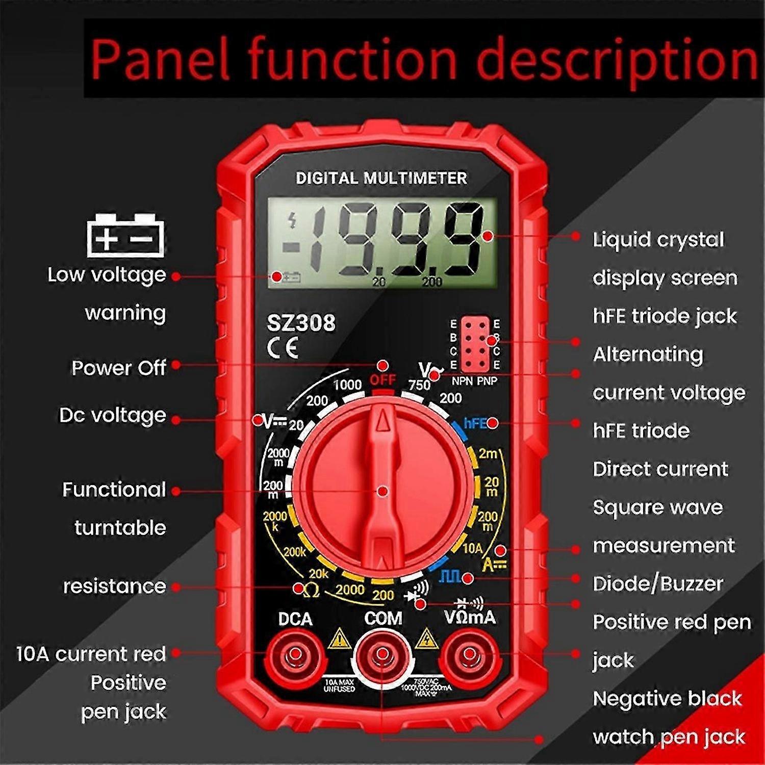 SZ308 Digital Multimeter Voltage Resistance Meter AC/DC Current Meter Electrician LCD Backlight Ohm