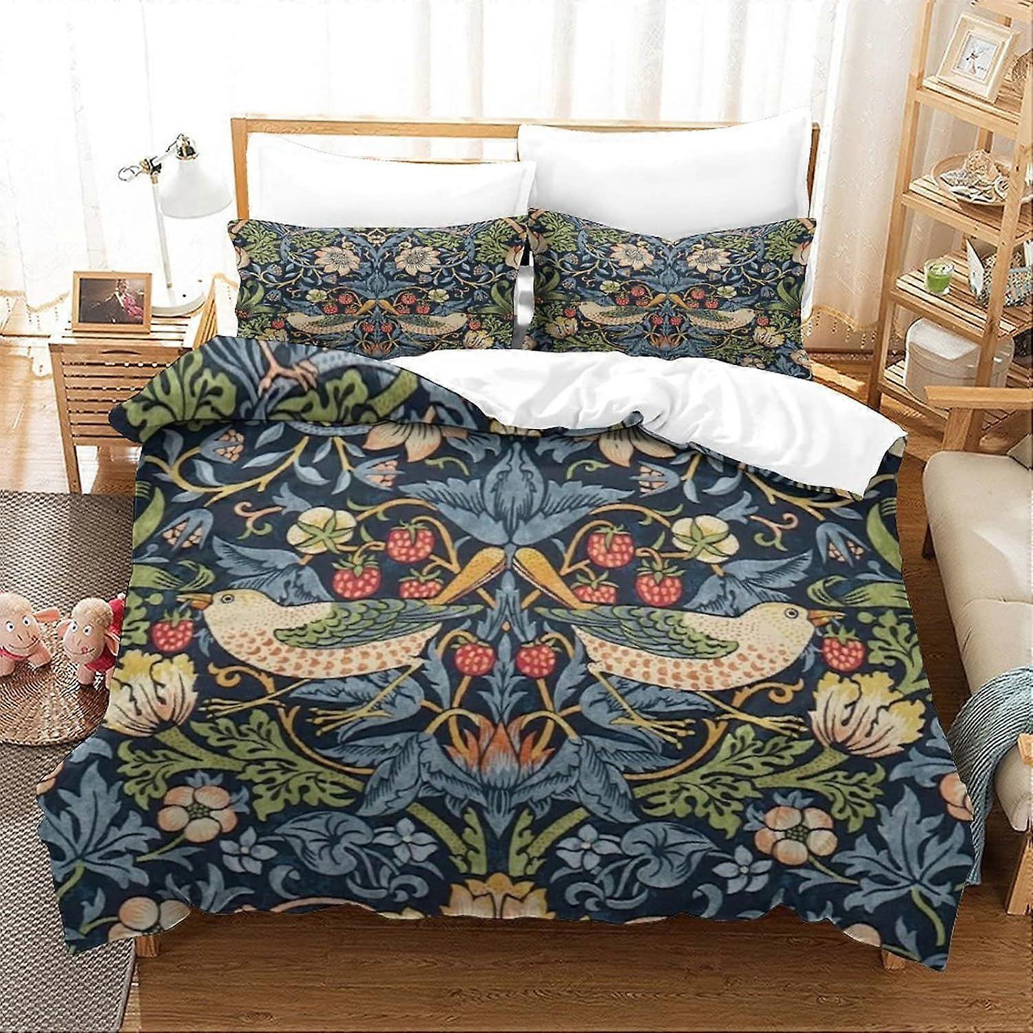 W541 William Morris Duvet Cover with Pillowcases 3D Printed Luxury Soft Bedding Easy Care Set with Zipper Flower Pattern Floral Watercolour Closure Un
