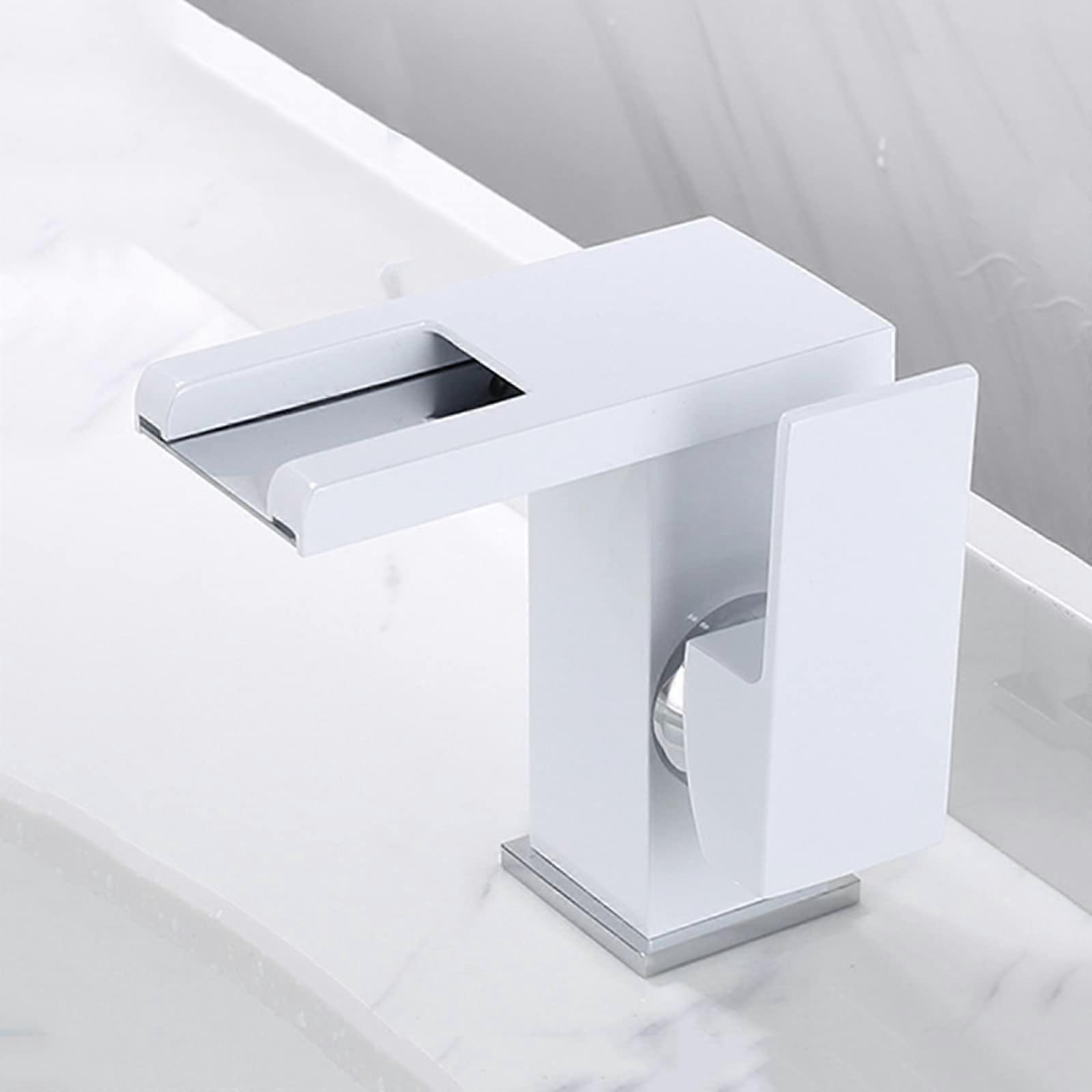 Waterfall Led Lavatory Vanity Faucet 3Color Changing Brass Bath Basin Mixer Hot and Cold SingleHandle 1Hole White